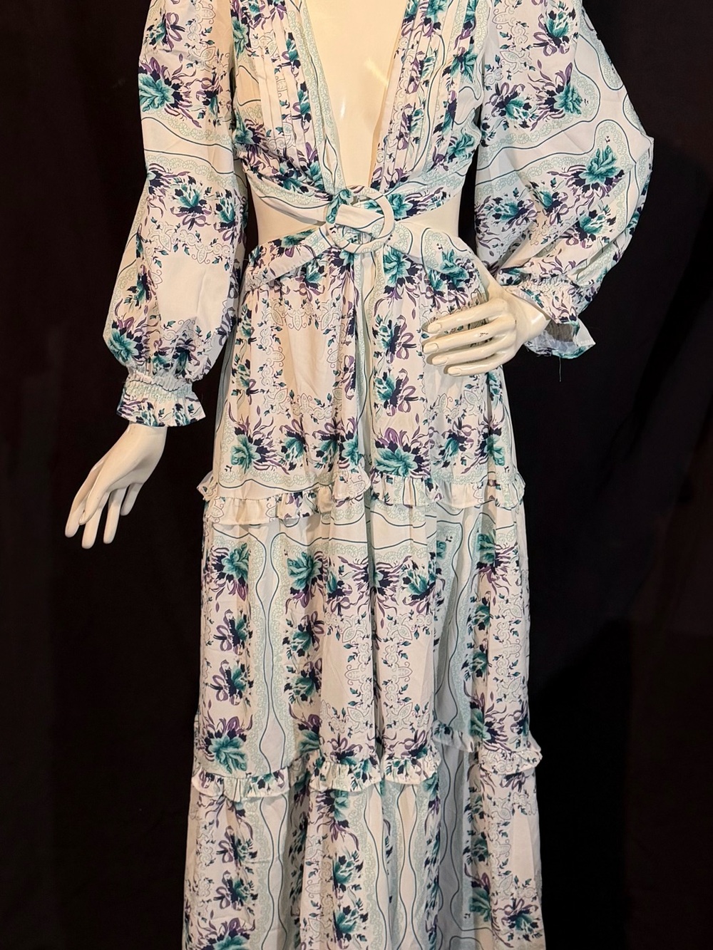 Bohemian Floral Tiered Maxi Dress in White with Teal & Purple